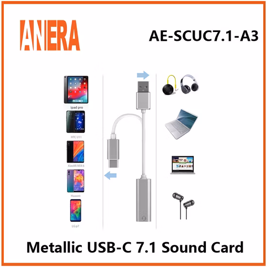 Heißer Verkauf Externer Audio-Adapter aus Aluminiumlegierung USB C Rollenmaschinenlinie Typc Soundkarte mit virtuellem Stereo-7.1-Kanal mit Taste